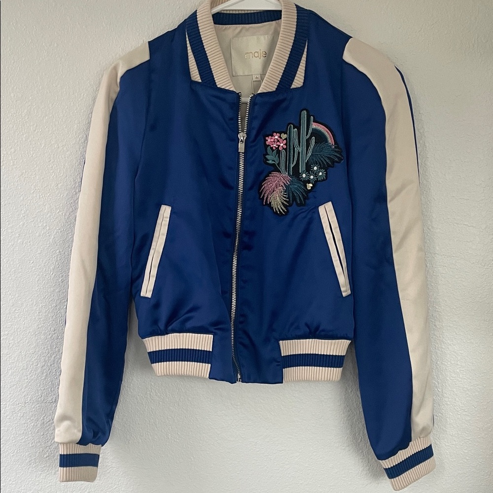 Maje Embroidered Bomber Jacket – Blue – Size 36 (US 4)
